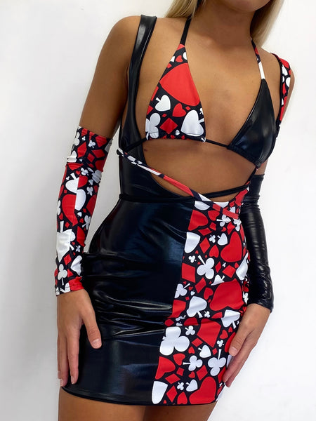 THE WRAP KINI MINI DRESS - QUEEN OF HEARTS / BLACK PVC