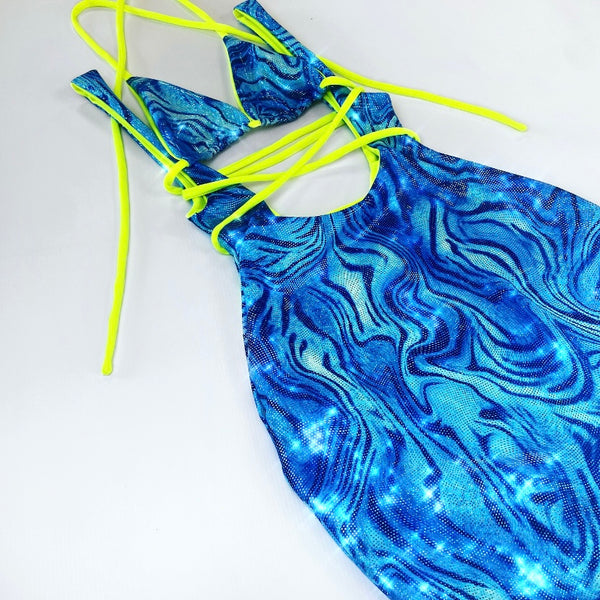 THE WRAP KINI MINI DRESS - IBIZA HOLOGRAM SWIRL WITH NEON STRAPS (LIMITED EDITION)