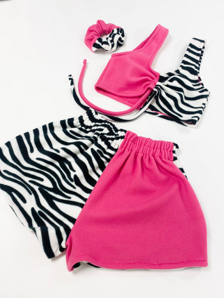 THE RUCHED CROP CO-ORD - HALF + HALF ZEBRA / HOT PINK FLEECE