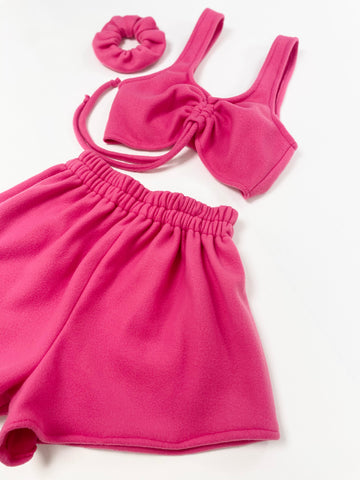 THE RUCHED CROP CO-ORD - HOT PINK FLEECE