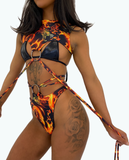 THE O-RING THREE PIECE BIKINI - FLAMES x BLACK PVC (custom colours available)